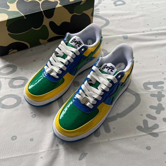 Bape Shoes - Bapesta Sk8 Dunk Yellow-Green Patent Leather Sports Casual Sneakers